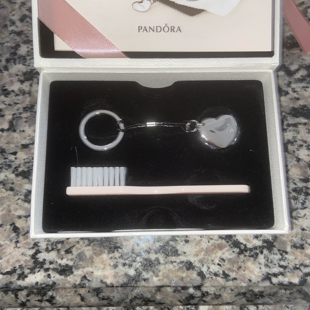 Pandora White Box with Pink Accent key chain and brush
